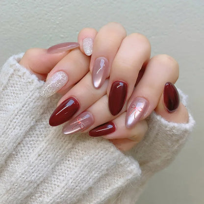 24PCS Glossy Red Cat Eye Press-On Nails Almond Full Cover Reusable Fake Nail Set