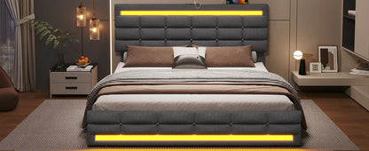 LED Full Size Bed Frame – Upholstered Platform Bed with LED Headboard & Footboard, Square Stitched Tufted Design