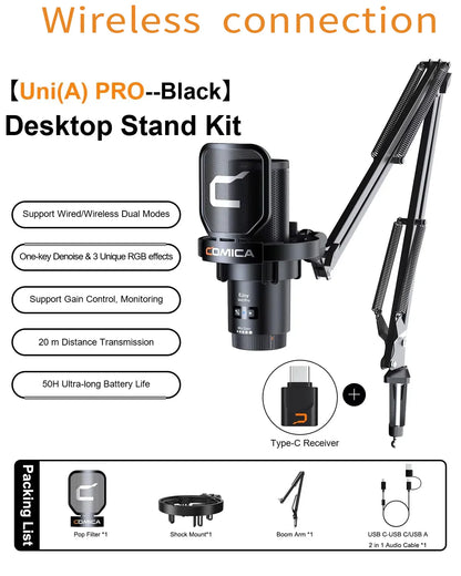 COMICA Uni Pro Wireless USB Gaming Microphone – Noise-Canceling Condenser Mic with RGB Lights for PC, Laptop & Smartphone