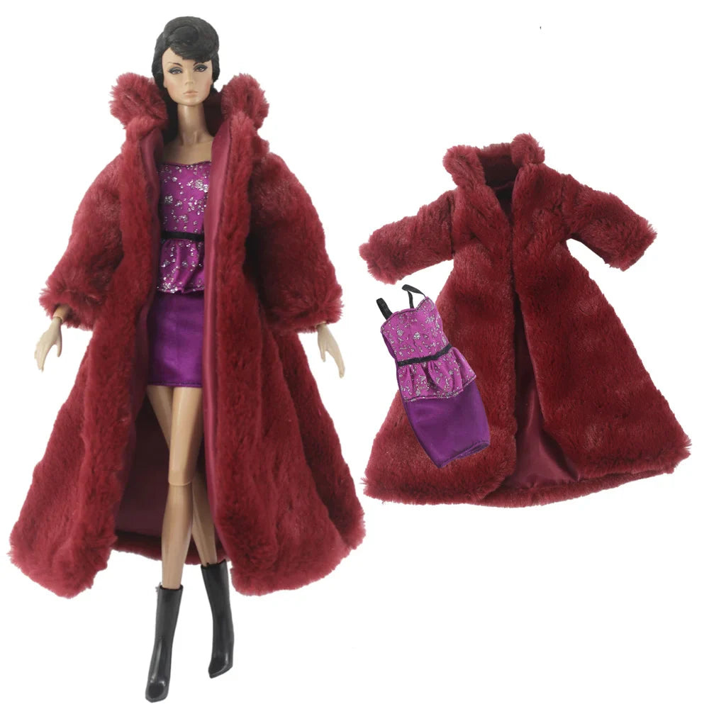 1:6 Scale Doll Clothes – Fur Coat Dress Outfit for 11.5" (30cm) Dolls, Multiple Styles, Gift for Girls