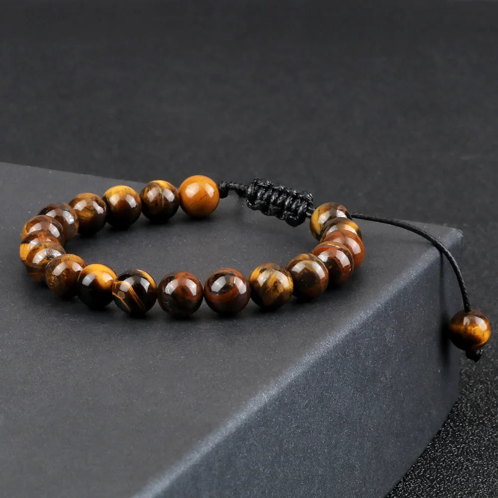 8mm Tiger Eye and Lava Rock Bead Bracelet - Adjustable Braided Rope Bangles for Men and Women - Yoga Healing Balance Bracelets