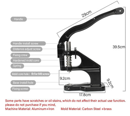 WUTA Manual Button Installation Tool – Mute Punching for Mushroom Rivets & Eyelets, DIY Hand Pressing Tool (With/Without Machine)