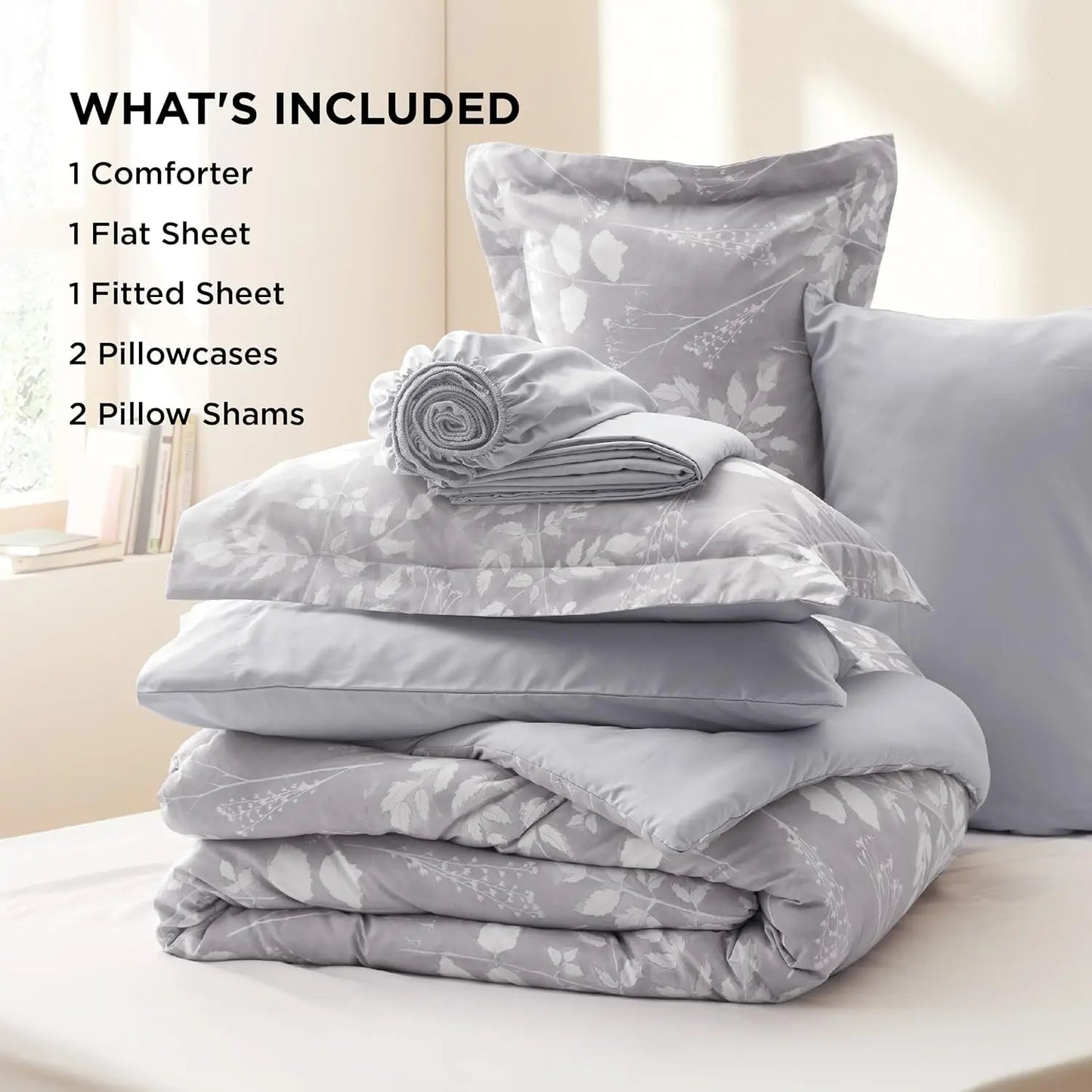 Bedsure 7-Piece Floral Comforter Set – Reversible Botanical Bedding with Sheets, Pillowcases & Shams