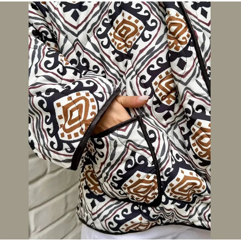 2025 Women’s Printed Quilted Padded Jacket – Collared Cotton Coat with Contrast Piped Pockets, Casual Autumn Outerwear