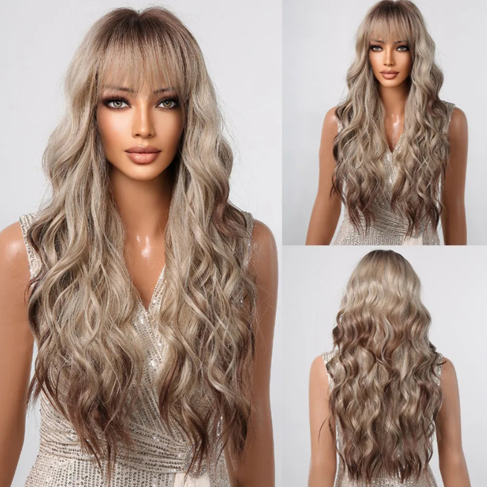 Ombre Honey Brown Long Synthetic Wig with Bangs — Wavy, Realistic, Soft, Heat-Resistant Hair for Daily & Party