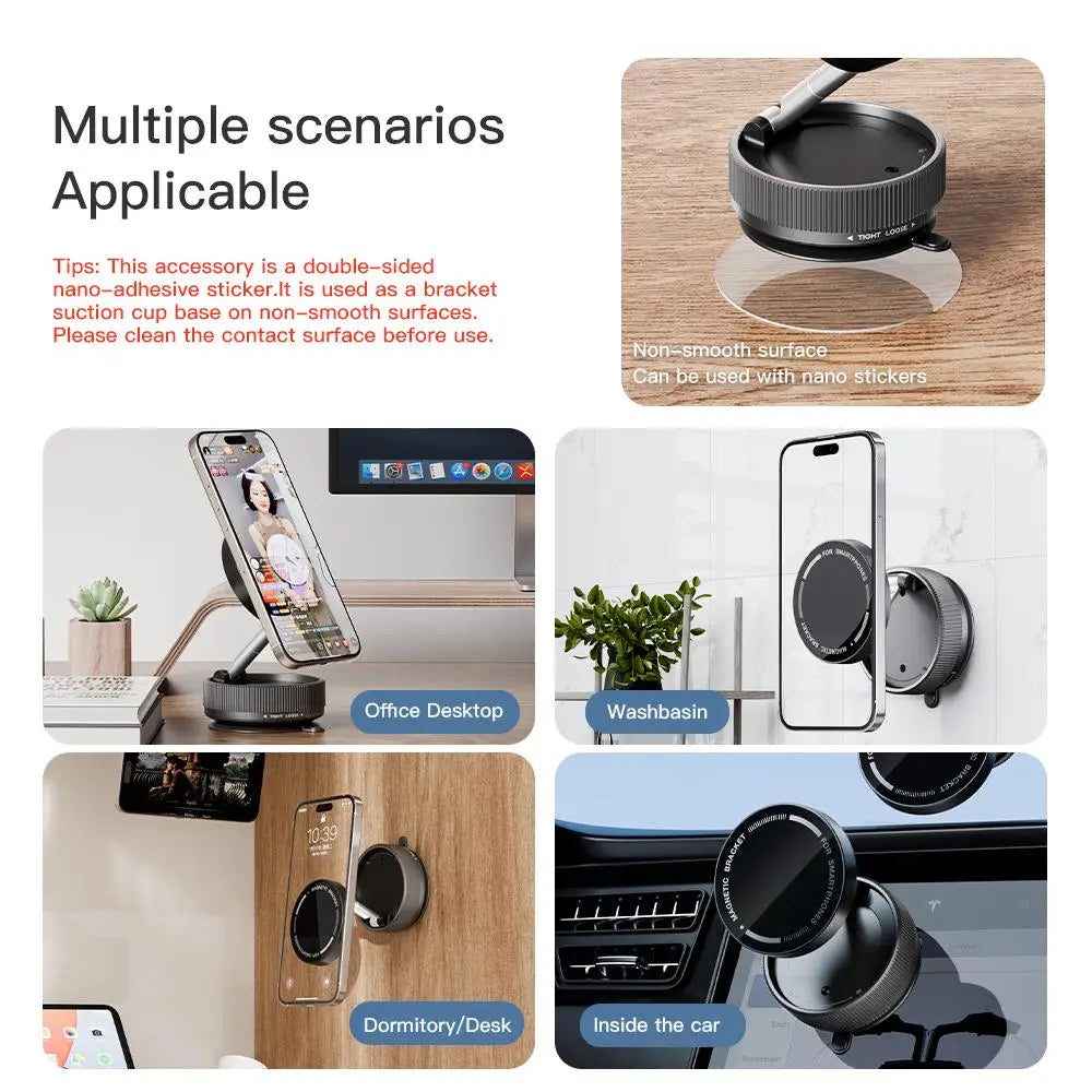 Vacuum Suction Magnetic Phone Holder – 360° Rotating Hands-Free Foldable Car & Smooth Surface Mount