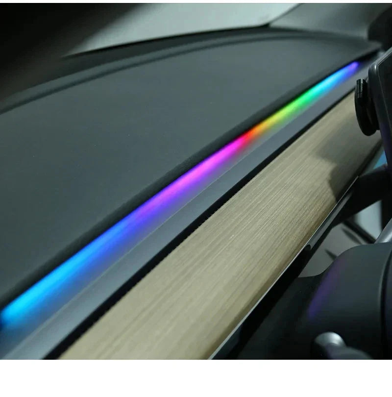 2-in-1 Dynamic Neon RGB Car LED Ambient Lighting – Auto OFF 60s Module for Tesla Model 3 & Y Dashboard Decoration
