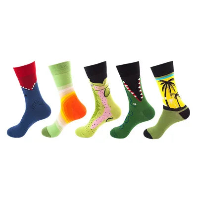 5-Pair Men’s Cotton Sports Socks Pack - Hip Hop Harajuku Pastel Print Long Tube Running Casual Socks