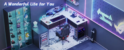 L-Shaped Computer Desk – Wooden Corner Gaming Table with Side Storage Bag for Home Office, Small Spaces, White