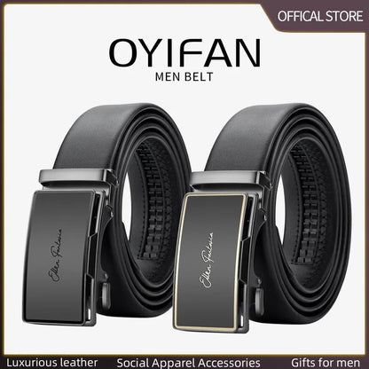 OYIFAN Men’s Genuine Leather Belt – Designer Alloy Buckle Automatic Ratchet Belt