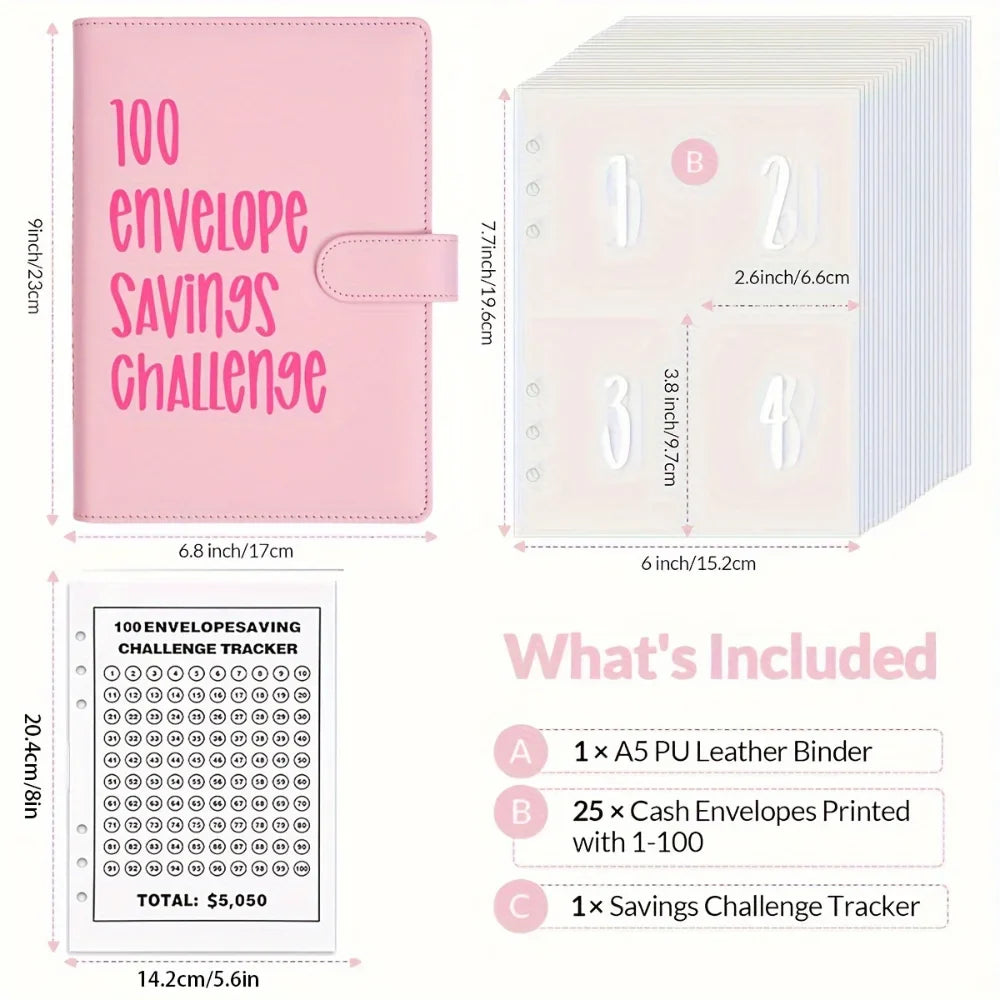 100 Envelopes Money Saving Challenge Binder – Password Lock Budget Organizer for Cash, Cost & Expense Management Notebook