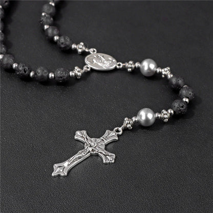 6mm Tiger Eye Rosary Beads Necklace – Catholic Jesus & Virgin Mary Pendant Long Knotted Chain Religious Jewelry for Men & Women
