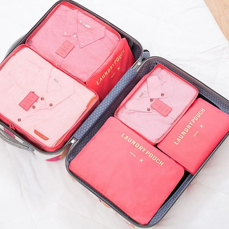 6 Pcs/Set Travel Storage Bag: Pink/Blue/Grey Large Capacity Waterproof Luggage Clothing Underwear Storage with Zipper