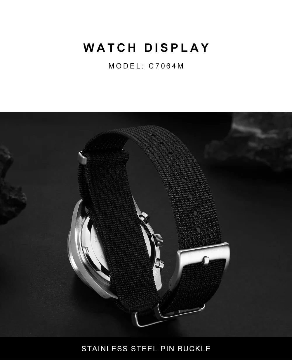 CADISEN Men's Luxury Watch – Quartz VK68 Chronograph, Sapphire AR Crystal, Canvas Strap Speed Style Wristwatch