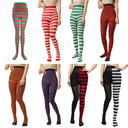 Goth Punk Women’s Rainbow Striped Pantyhose – High Waist Slim Leggings for Halloween Christmas Cosplay