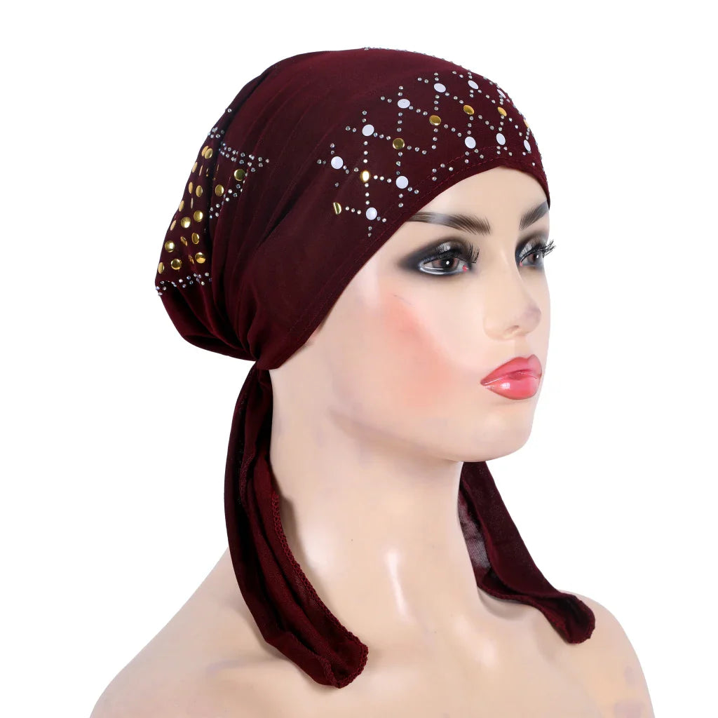 H089 Women’s Turban Hijab – Fashion Gold Sequin Islamic Headscarf, Pull-On Amira Headwrap