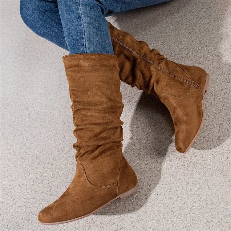 Women’s High-Top Casual Boots – Folded Zipper, Flat Bottom, Alligator Patterned Comfortable Footwear