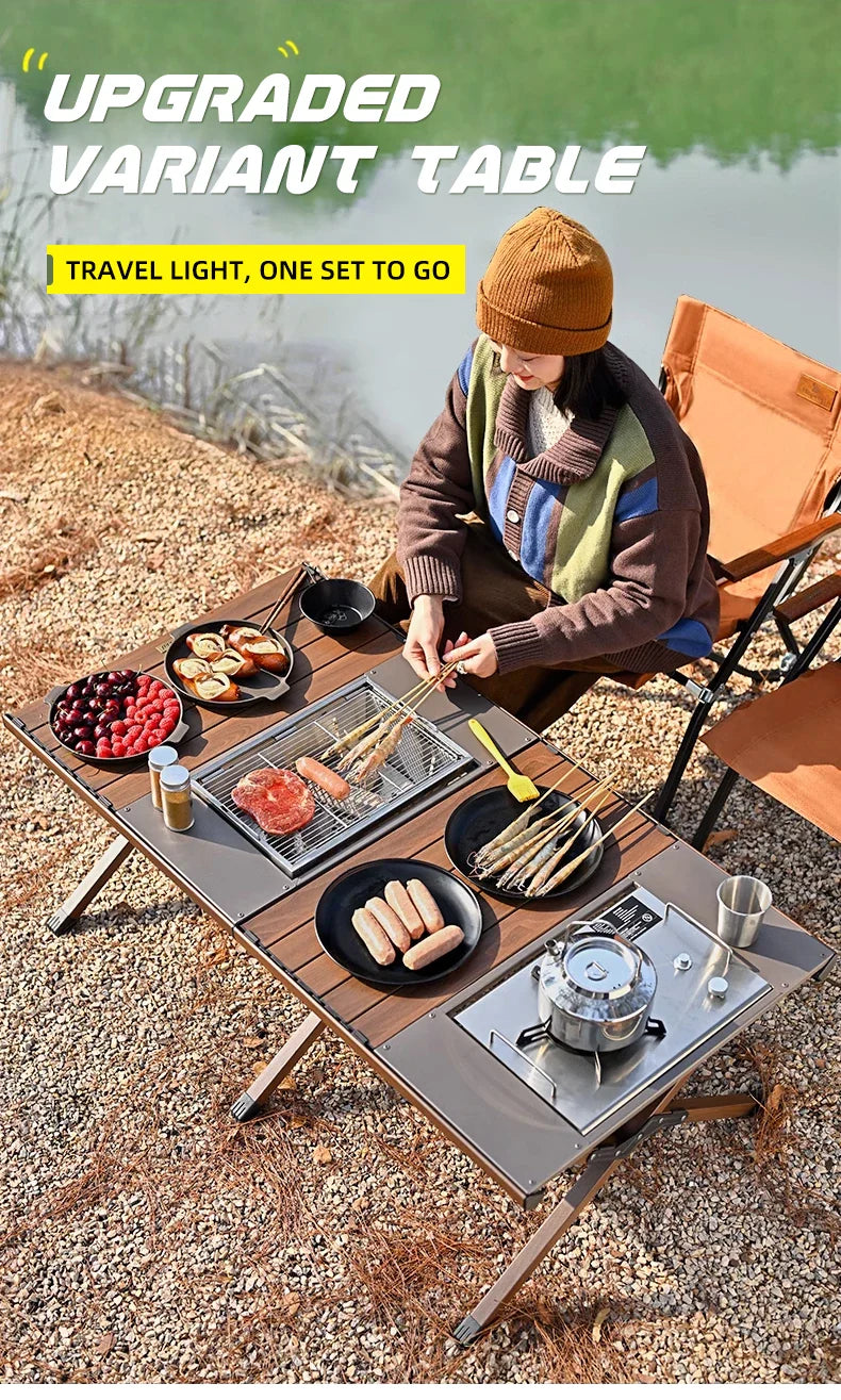 Hispeed Outdoor Camping Folding IGT Table – Multifunctional Wood Table with Gas Stove for BBQ, Picnic & Camp Grill