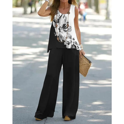 Women Printed 2-Piece Summer Suit Set – Sleeveless Round Neck Top & Wide Leg Pants Casual Loose Fit Outfit