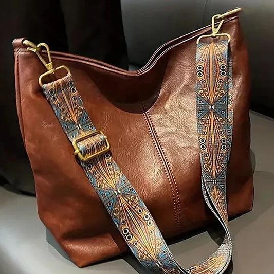 Wide Geometric Strap Shoulder Bag - Large Capacity Crossbody PU Leather Bag for Women, Retro Style for Shopping and Travel