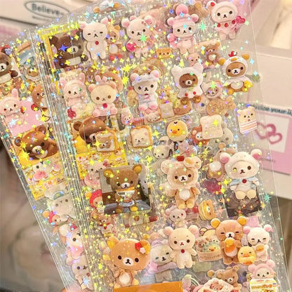 5pcs Hello Kitty Rilakkuma Cartoon Die-Cut Stickers, Cute Kitty Cat Flashing Laser Stickers, Anime Handbooks Material Stickers