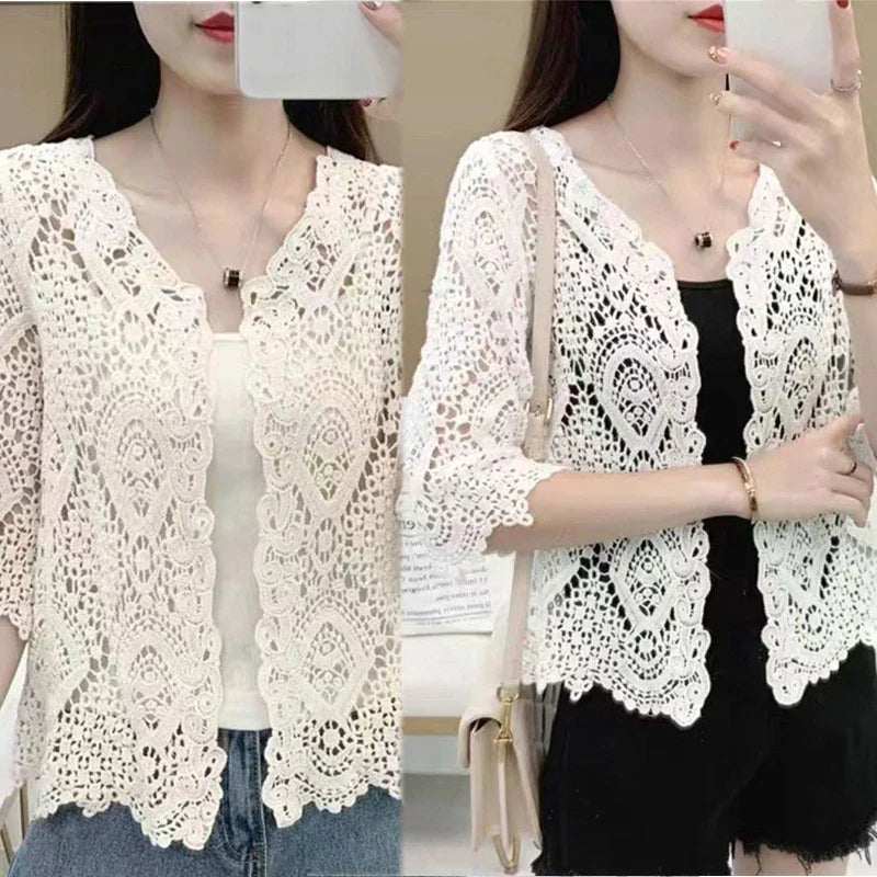Women's Knit Lace Shrug – Hollow Crochet Floral 3/4 Sleeve Open Front Crop Cardigan F3MD