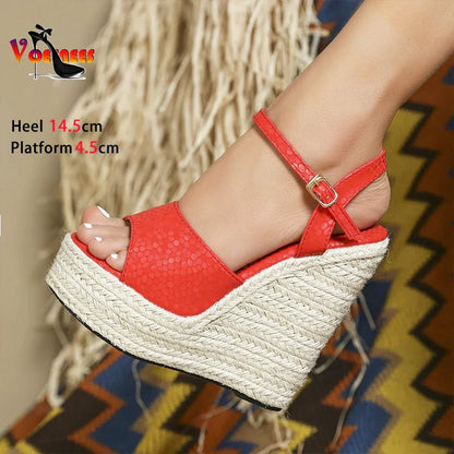 2024 Women’s Hemp Rope Platform Sandals – Wedge Party High Heels 14.5CM, Ankle Buckle, Comfortable Plus Size