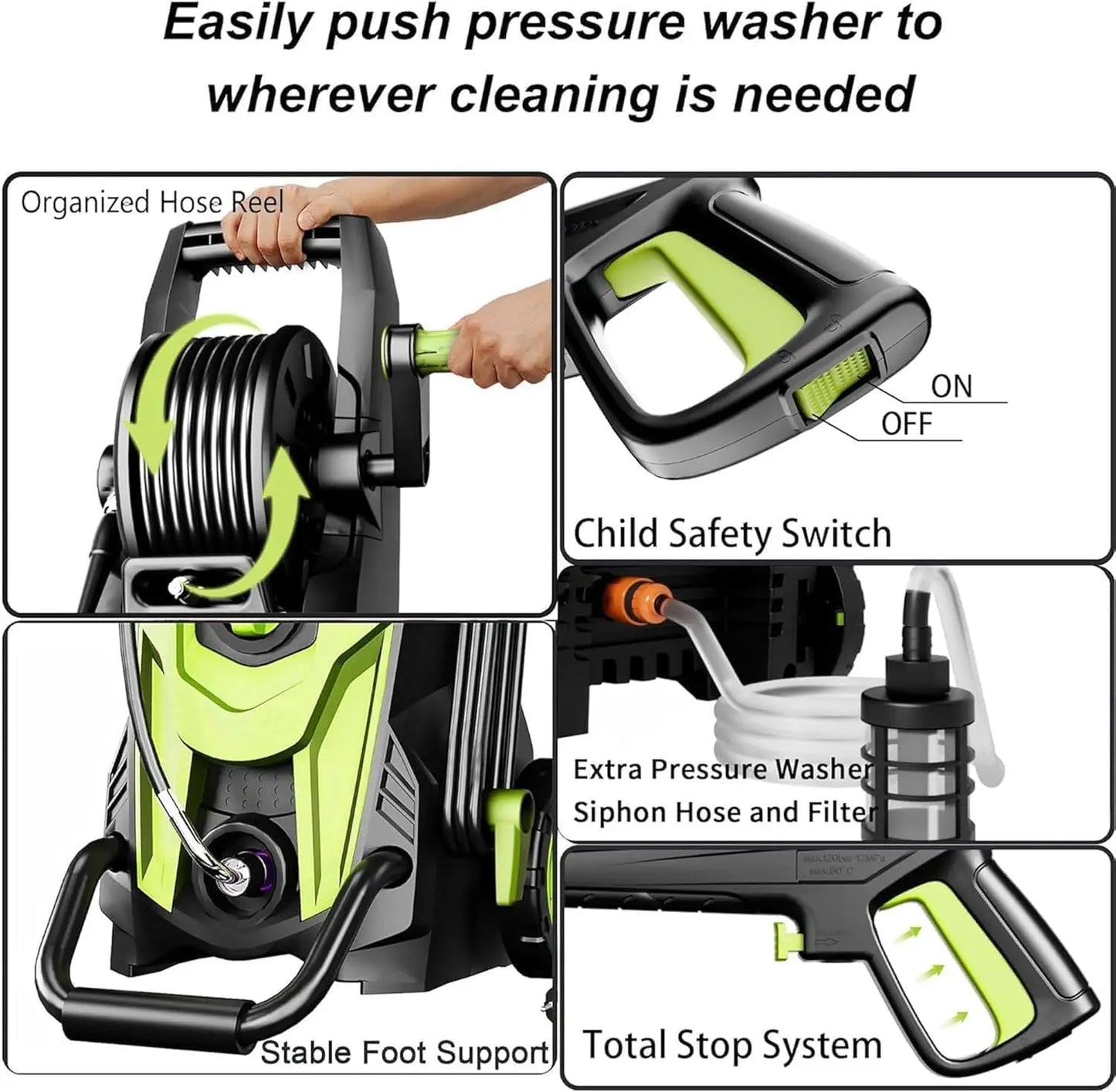 4700 PSI Pressure Washer - Power Cleaning Gun with 4 Quick-Connect Nozzles, Inlet Hose & Foam Cannon