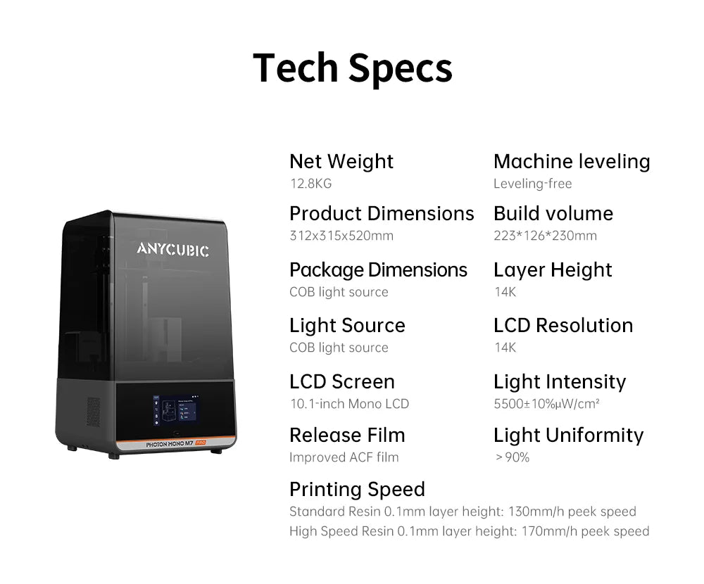 ANYCUBIC Photon Mono M7 Pro — 14K Mono MSLA 10.1" LCD Resin 3D Printer, 170mm/h, 223×126×230mm Printing Size