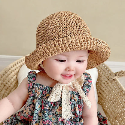 Summer Straw Baby Sun Hat – Lace Bow Panama Cap for Girls, Fashion Beach & Outdoor Travel Princess Bucket Hat for Kids UV Protection Bonnet