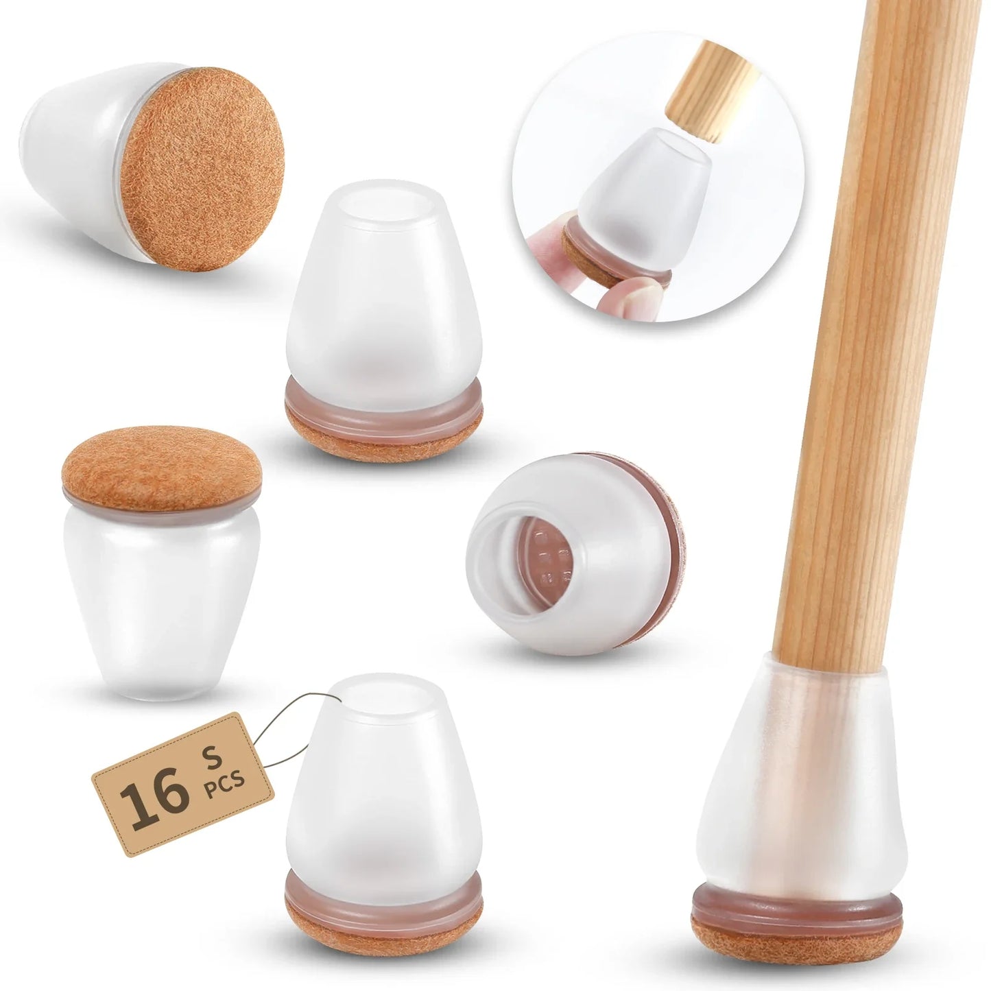16PCS Silicone Chair Leg Pads — Non-Slip Felt Furniture Floor Protectors for Noise Reduction & Scratch Prevention