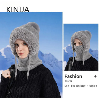 Women's Winter Velvet Knitted Woolen Balaclava - Fluffy Ear Protection Mask with Integrated Neck Warmer, Hooded Cap for Ladies