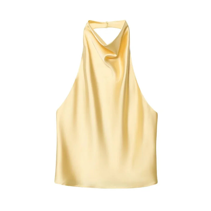Women's Satin Halter Backless Camisole Top – Off Shoulder Summer Beach Tank Blouse