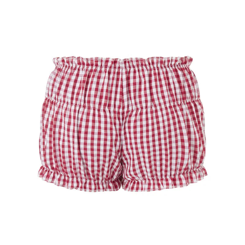 Sweeten Your Style: Xingqing Red and White Plaid Shorts - Y2K Women's Clothes with Elastic Waist, Ruffles, Cake Short Design, Perfect for Lolita Pettipants