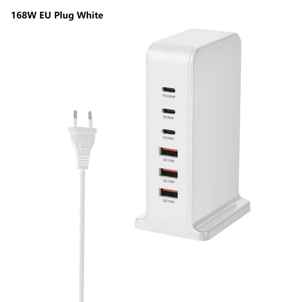 200W GaN Desktop Quick Charger - 168W PD, 6-Port USB Type C with USA, EU, AUS, UK Plug Adapters for Mobile Phones and Laptops