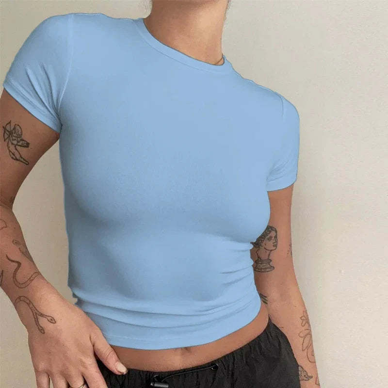 Women's Slim Fit Short Sleeve T-Shirt - Knitted O-Neck Top for Streetwear and Sports, Y2K Style 2024
