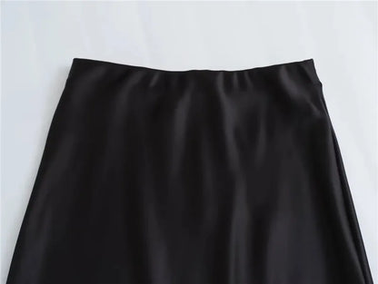 TRAF Women’s 2024 Satin Skirt — High Waist Black Midi Summer Skirt, Elegant Office Long Skirt for Women