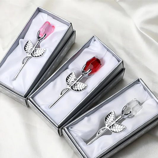 Valentine's Day Crystal Glass Rose with Silver or Gold Rod - Elegant Artificial Flower Gift for Girlfriend or Wedding Guests