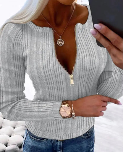 Women's Ribbed Knit Half-Zip Top - Light Gray Round Neck Slim-Fit Long Sleeve Casual Spring & Summer Shirt