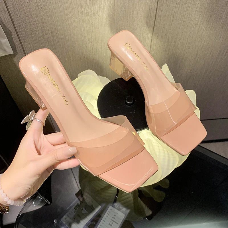 Women’s Crystal Clear Transparent Mules – Summer Middle Heel Comfortable Fashion Slides
