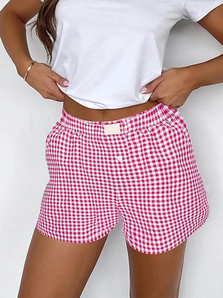Women’s Teen Girls Elastic Waist Pull-On Red & Blue Plaid Casual Lounge Summer Shorts
