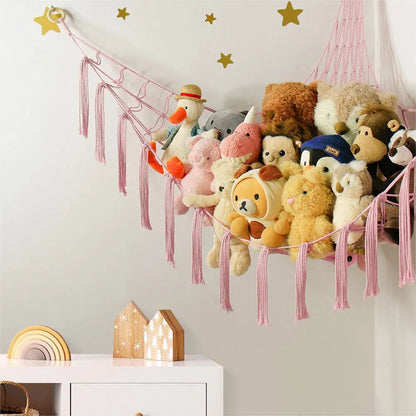 Kids Toy Hammock Wall Corner Hanging Storage Net – Woven Cotton Stuffed Animal Organizer
