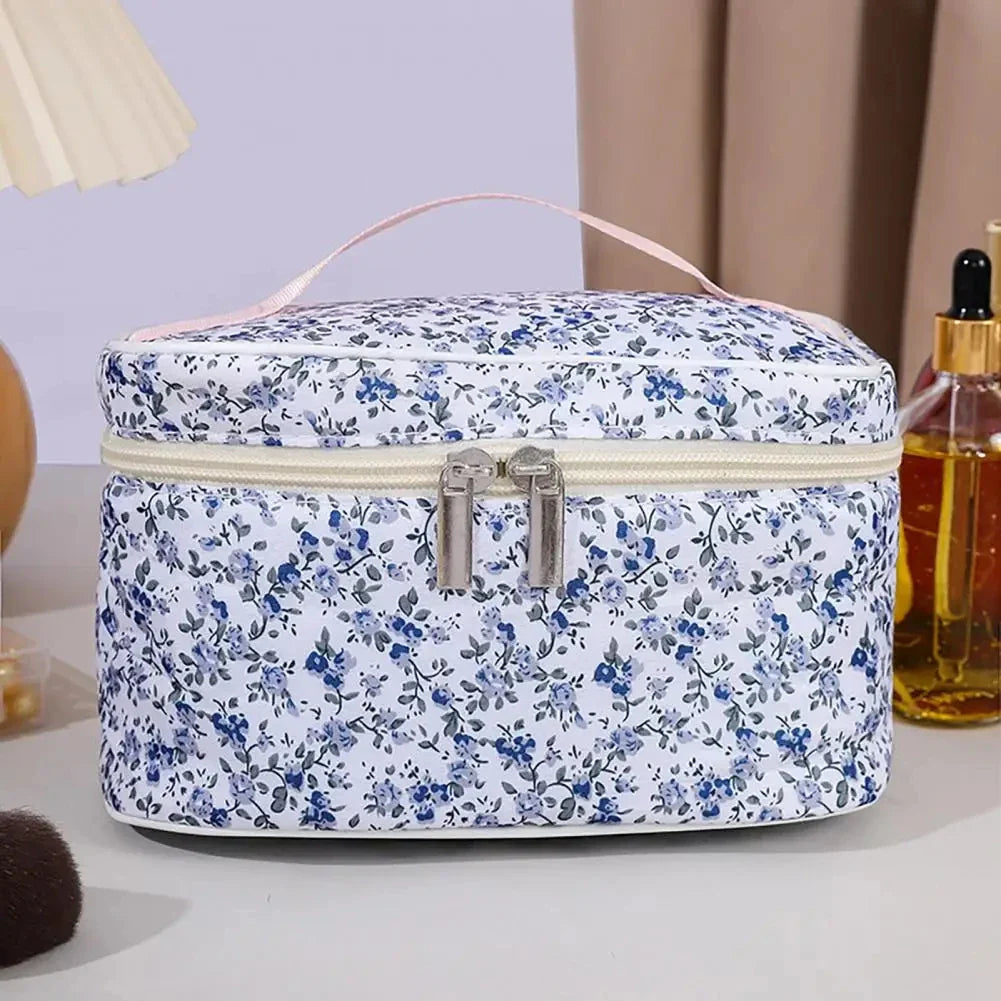 Cotton Floral Cosmetic Pouch – Dual Zipper Makeup Organizer, Portable Travel Storage & Wash Bag