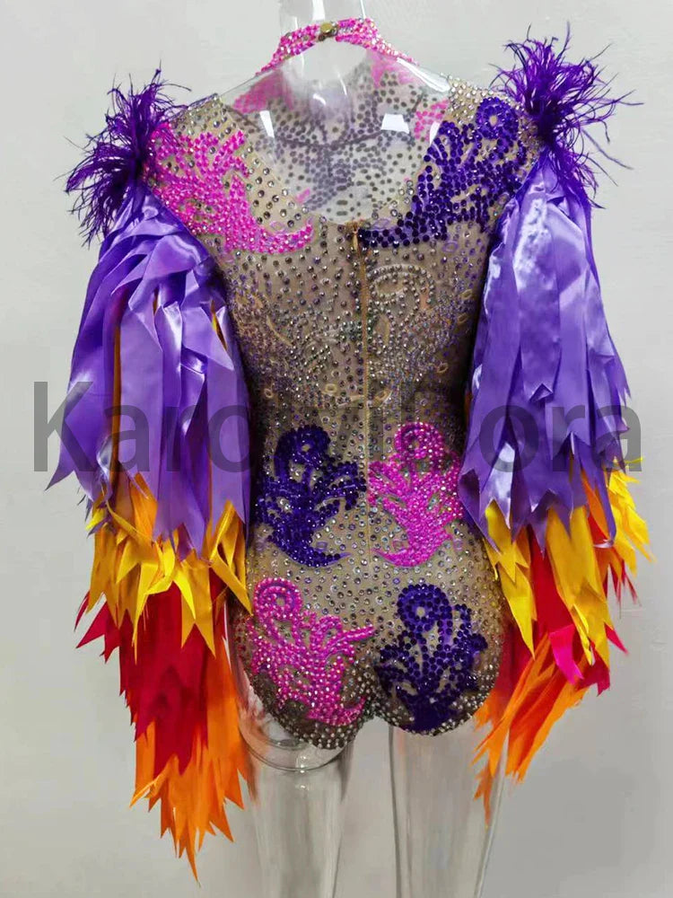 Colorful Feather Sleeve Rhinestone Bodysuit – Women’s Nightclub Party Dance Performance Costume