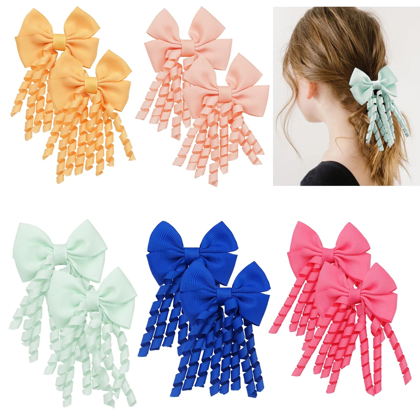 10pcs (5 Pairs) Baby Girls Hair Clips with 2.5" Grosgrain Ribbon Curly Korker Bows Hairpins