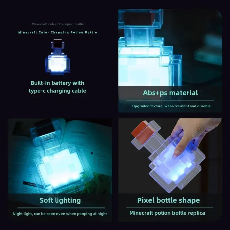 MC Color Changing Potion Bottle Night Light Set of 8 – USB Powered Ambient Mood Glow Lamps for Room Decor & Pixel Game Style Lighting