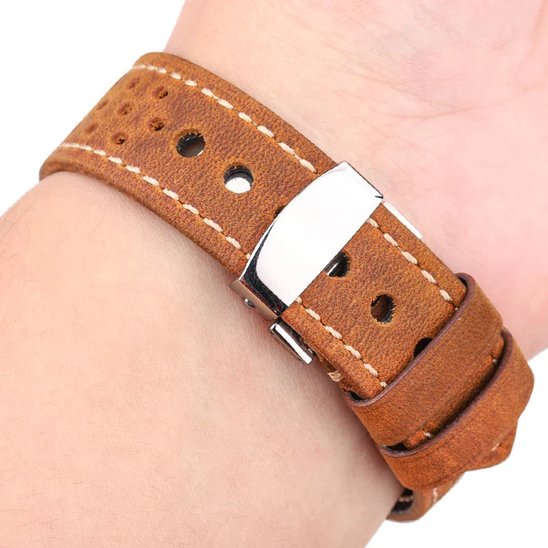 Genuine Leather Watch Band 20mm 22mm 24mm — Vintage Cowhide Strap with Deployment Clasp for Samsung Galaxy Watch 3/4