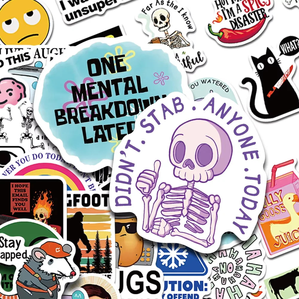 100PCS Cartoon MEME Stickers — Snarky Decals for Phone, Scrapbook, Skateboard, Suitcase, Refrigerator & Graffiti Aesthetic