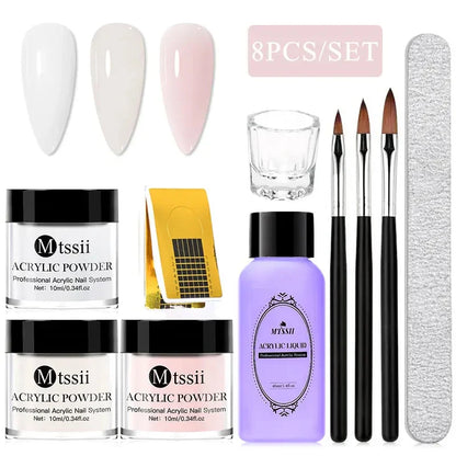 Nail Crystal Powder Kit – Acrylic Liquid Set with Pink & White Powder, Nail Brush for Extension & Carving, Beginner Set