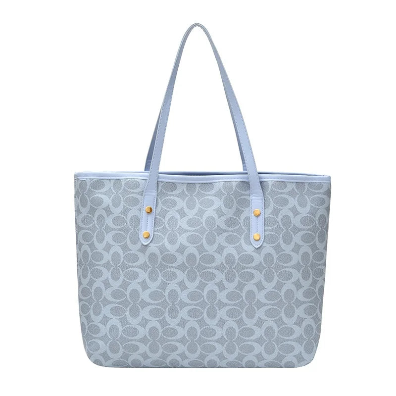 Classic Monogram Tote Bag - Large Capacity Canvas Shoulder Handbag with PU Trim for Women, Work & Shopping